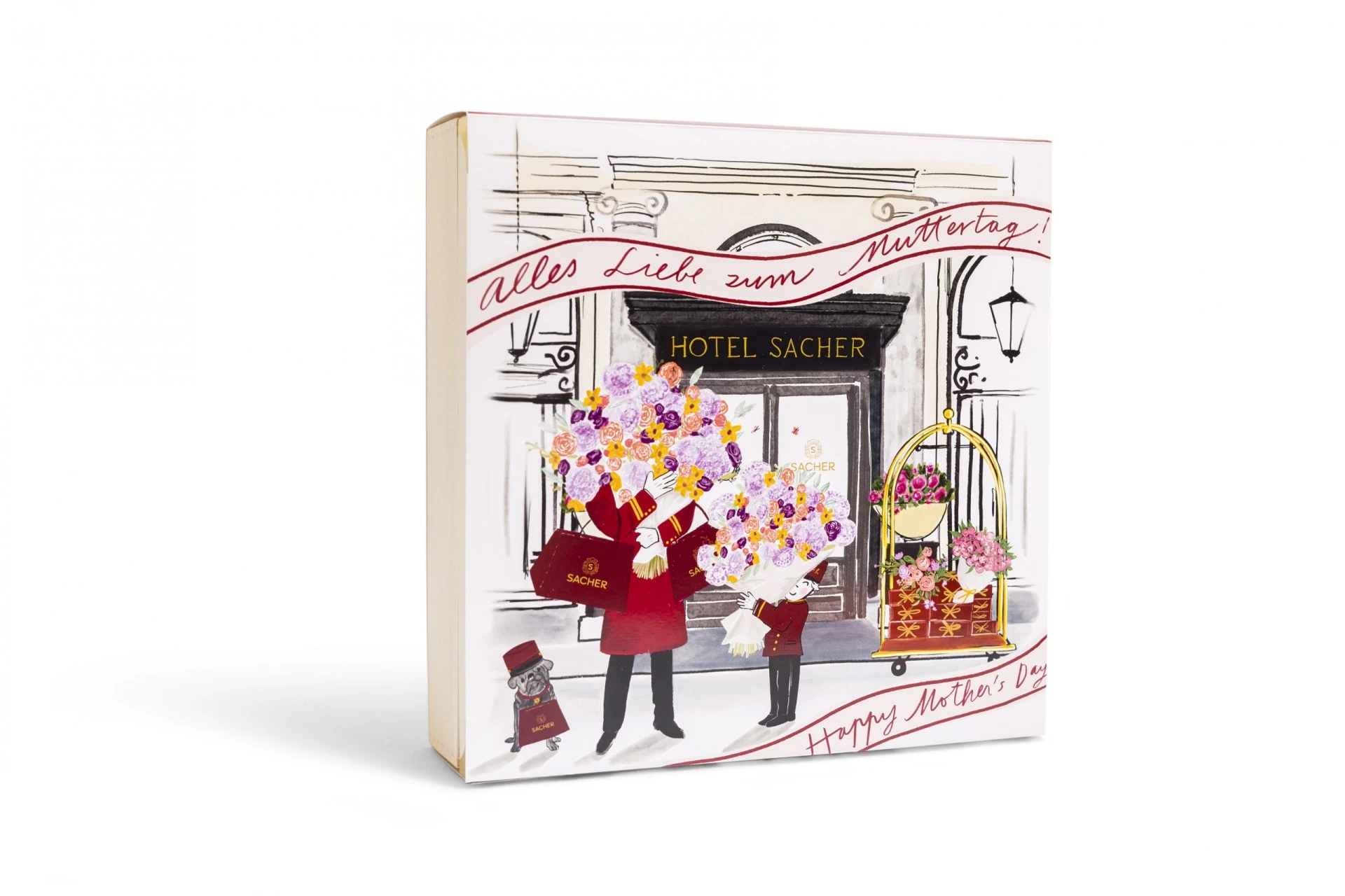 Illustrierte Sacher-Geschenkbox mit der Aufschrift „Alles Liebe zum Muttertag!“ zeigt Portiers vor dem Hotel Sacher mit großen Blumensträußen; am unteren Rand steht „Happy Mother’s Day“.
