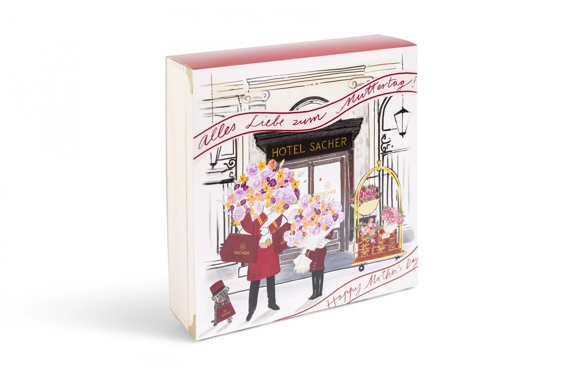 Illustrierte Sacher-Geschenkbox mit der Aufschrift „Alles Liebe zum Muttertag!“ zeigt Portiers vor dem Hotel Sacher mit großen Blumensträußen; am unteren Rand steht „Happy Mother’s Day“.