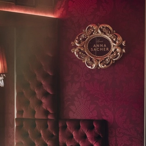 Im Zentrum des Bildes hängt ein kunstvoll gerahmtes Emblem mit der Aufschrift „Salon Anna Sacher“. Links fällt Tageslicht durch ein Fenster, darunter hängt eine klassische Lampe mit Kristallbehang, die warmes Licht spendet.