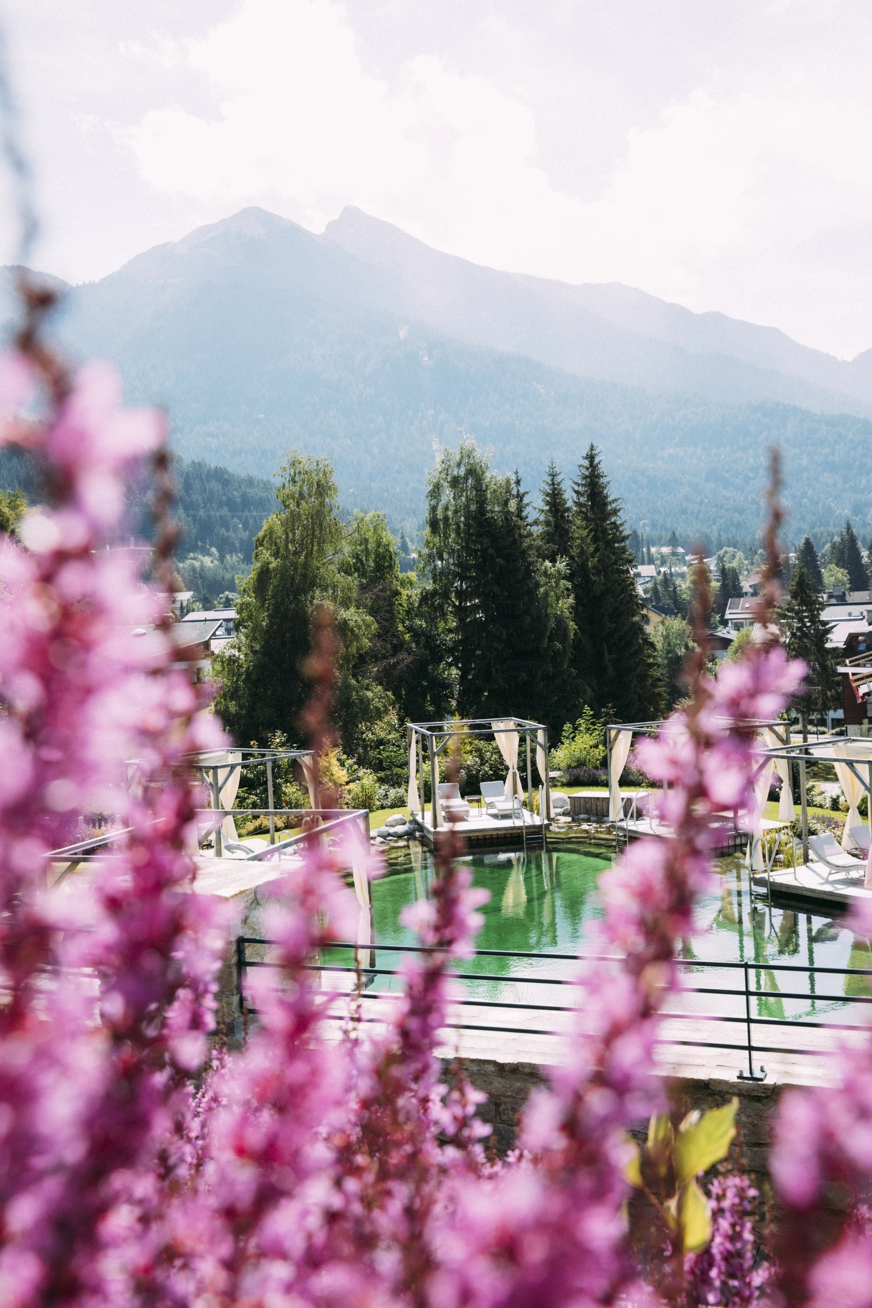 Im Vordergrund pink blühende Blumen, dahinter ein natürlicher Pool mit Liegen und Pavillons. Im Hintergrund dichte grüne Wälder und ein imposantes Bergpanorama.