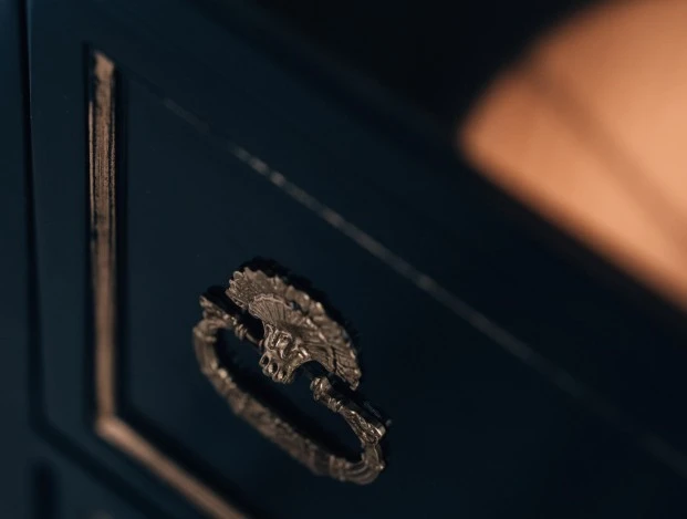Detailaufnahme eines antiken, messingfarbenen Möbelgriffs in Form eines Löwenkopfs mit Ring an einem dunkel lackierten Holzschrank.