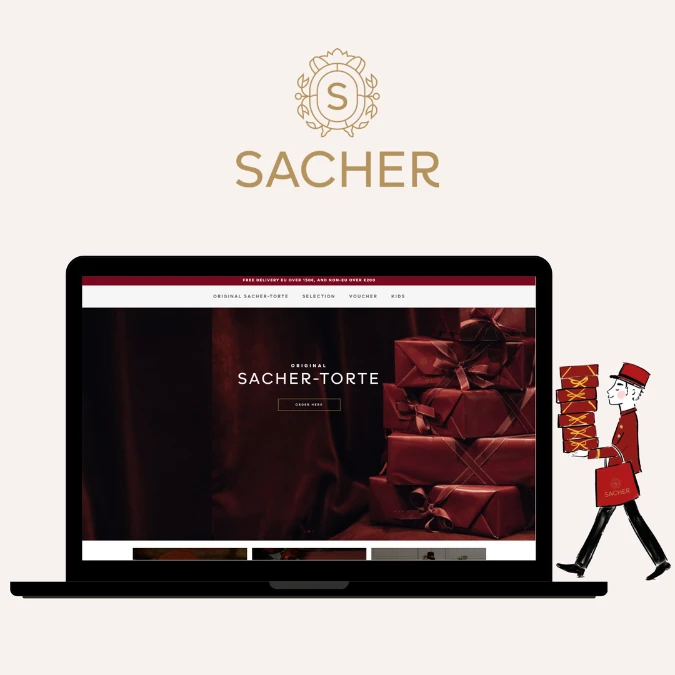 opening-of-online-shop Online-Shop mit Fokus auf die Original Sacher-Torte, dargestellt auf einem Laptop mit stilisierter Pageboy-Figur und Sacher-Verpackungen.