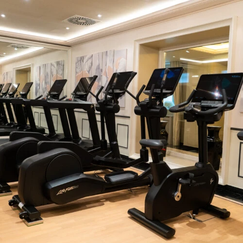 Modern ausgestatteter Fitnessraum mit Laufbändern, Crosstrainern und Fahrradergometern im Hotel Sacher Wien.