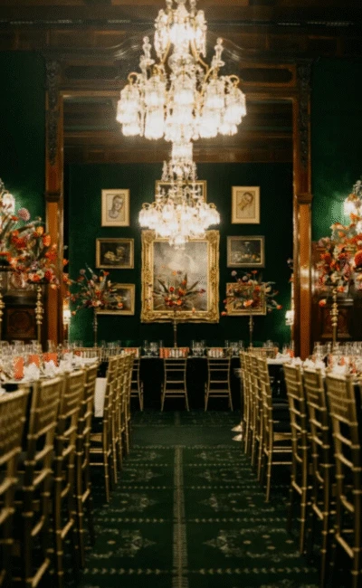 Langer Tisch, gedeckt für ein formelles Gala-Dinner in einem luxuriösen Raum mit dunkelgrünen Samtwänden, Kronleuchtern und hohen Blumenarrangements.