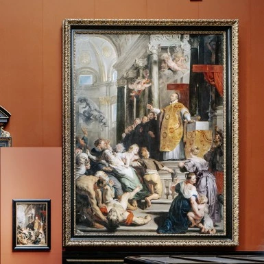 Großformatiges Barockgemälde in prunkvollem Goldrahmen an einer rostroten Museumswand, dargestellt ist eine dramatische Predigtszene in einer Kirche mit zahlreichen Figuren, emotionalen Gesten und Engelsdarstellungen unter einem kuppelartigen Gewölbe.