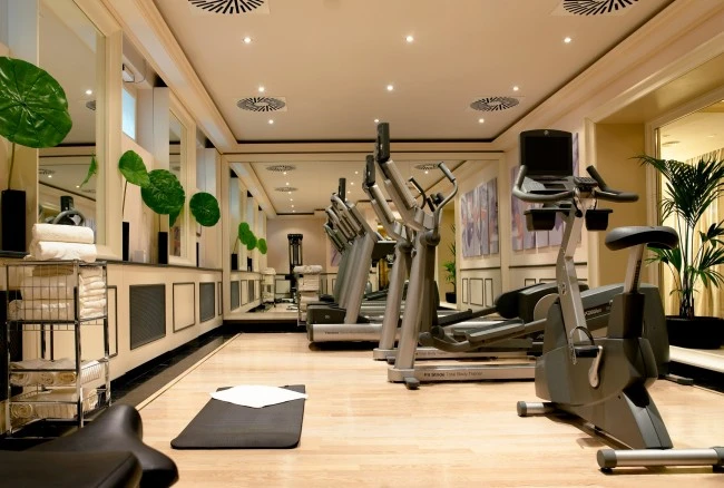 Sacher Hotel Wien, Fitnessstudio Modernes Fitnessstudio mit Laufbändern, Fahrradergometern, großen Spiegeln und hellen Holzböden, ergänzt durch Pflanzenakzente.