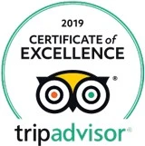 Rundes Emblem mit grünem Rand und der Aufschrift „2019 CERTIFICATE of EXCELLENCE“. Zentral platziert ist das ikonische TripAdvisor-Eulenlogo mit gelbem, grünem und rotem Augendetail. Darunter steht in schwarzer und grüner Schrift der Markenname „tripadvisor“.