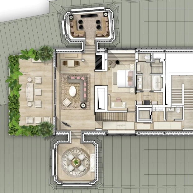 Grundriss der exklusiven Penthouse-Suite mit großzügiger Raumaufteilung. Im Zentrum ein elegant gestaltetes Wohnzimmer mit L-förmigem Sofa, angrenzend eine luxuriöse Schlafzimmer-Suite mit Ankleidebereich und Bad