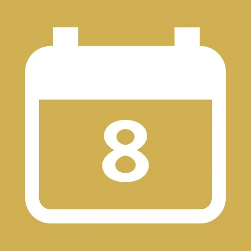 Kalendersymbol mit weißem Piktogramm auf senfgelbem Hintergrund, das den 8. Tag anzeigt.