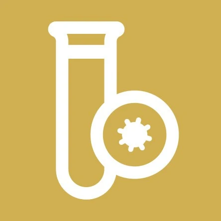 Ein weißes Symbol auf goldfarbenem Hintergrund zeigt ein Reagenzglas und ein Lupensymbol mit stilisierter Keim- oder Virenstruktur.