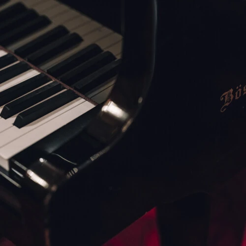 Close-up of a Bösendorfer piano—an elegant detail found in the Rote Bar. Known for its rich tones and superior craftsmanship, this piano is a fitting centerpiece for the Rote Bar’s refined, musically infused ambiance.