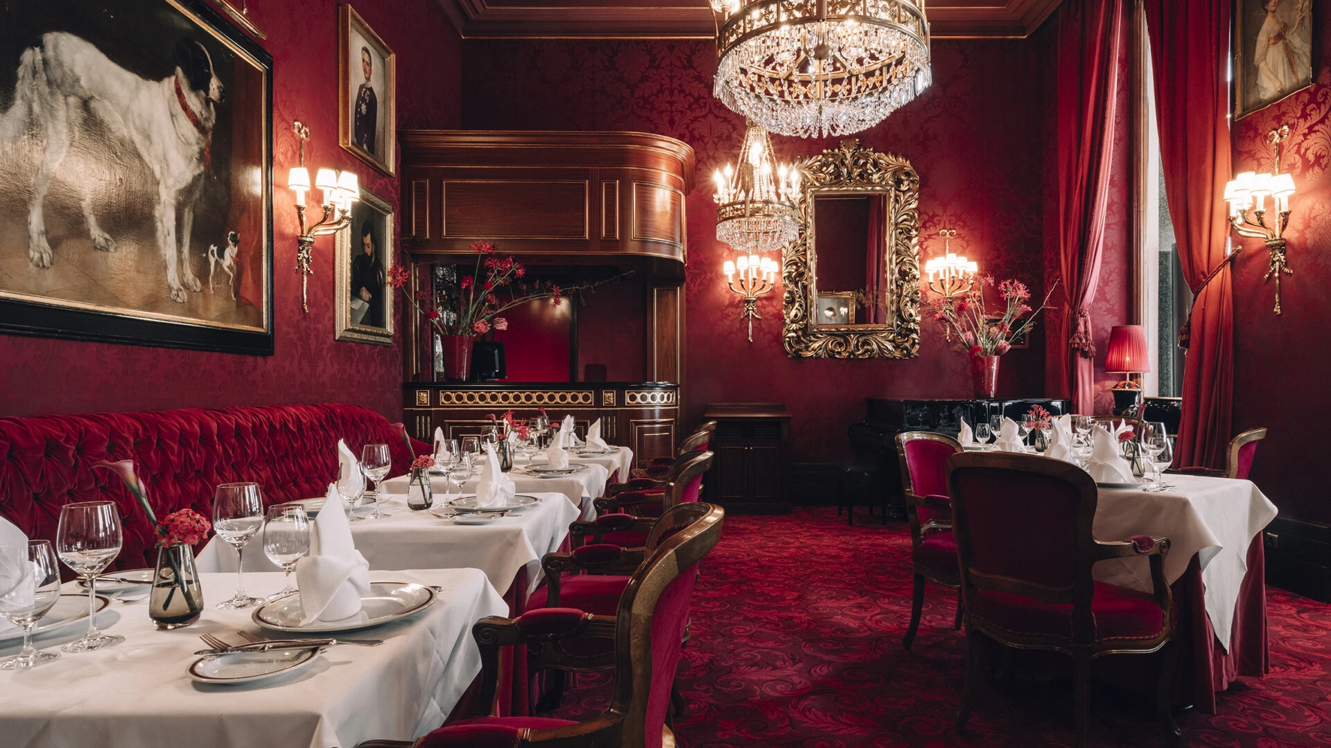 The luxurious Rote Bar at Hotel Sacher Wien, with its deep red interiors, crystal chandeliers, and regal elegance perfect for fine dining.