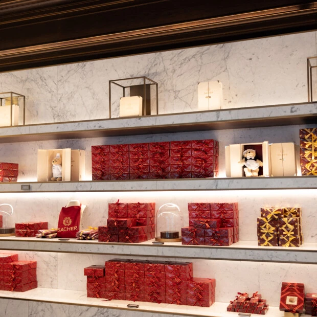 Sacher Confiserie with Sacher cake boxes exhibition in the Easter season