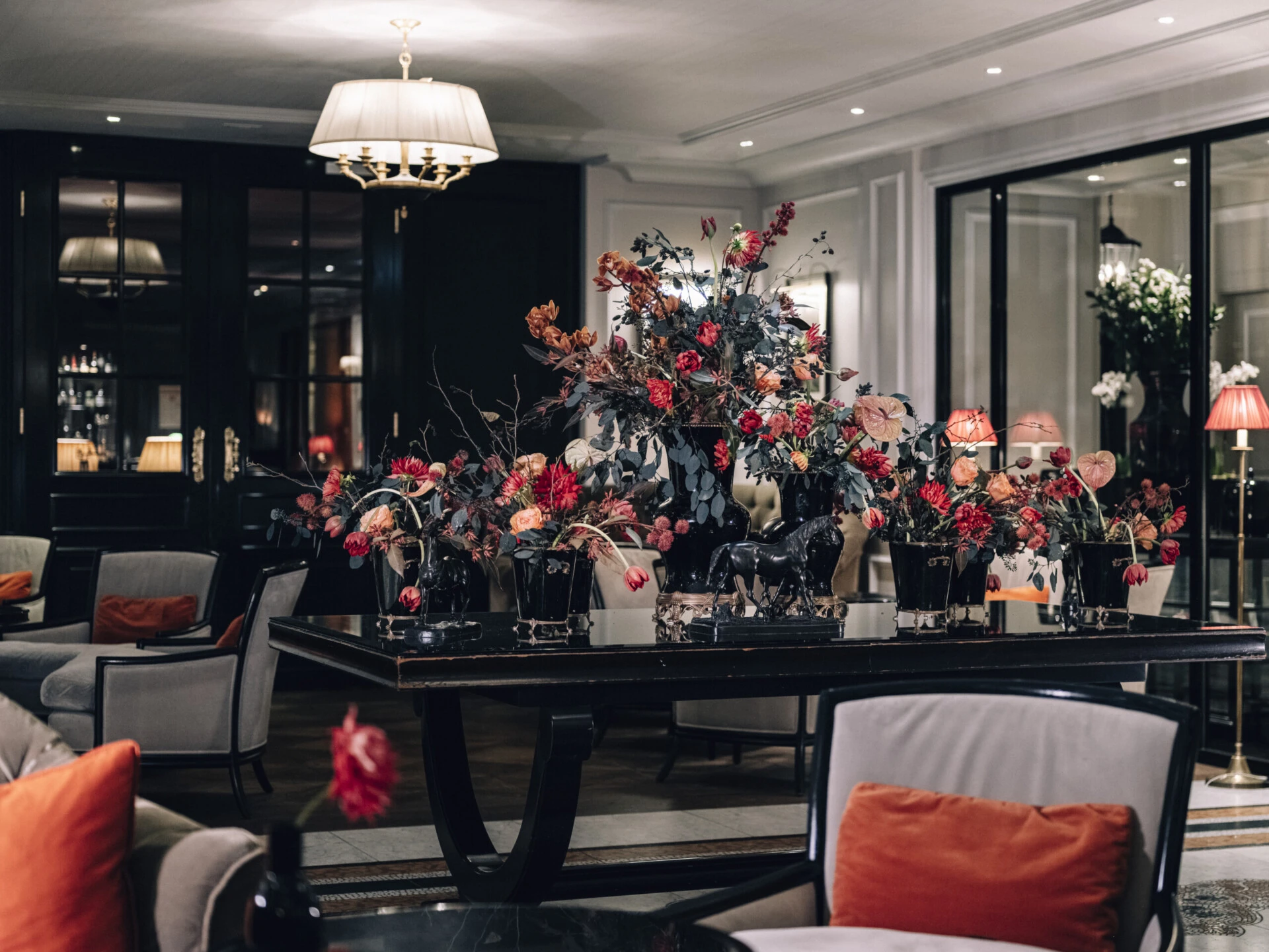 Floral arrangement in the elegant lobby of Hotel Sacher Salzburg.
