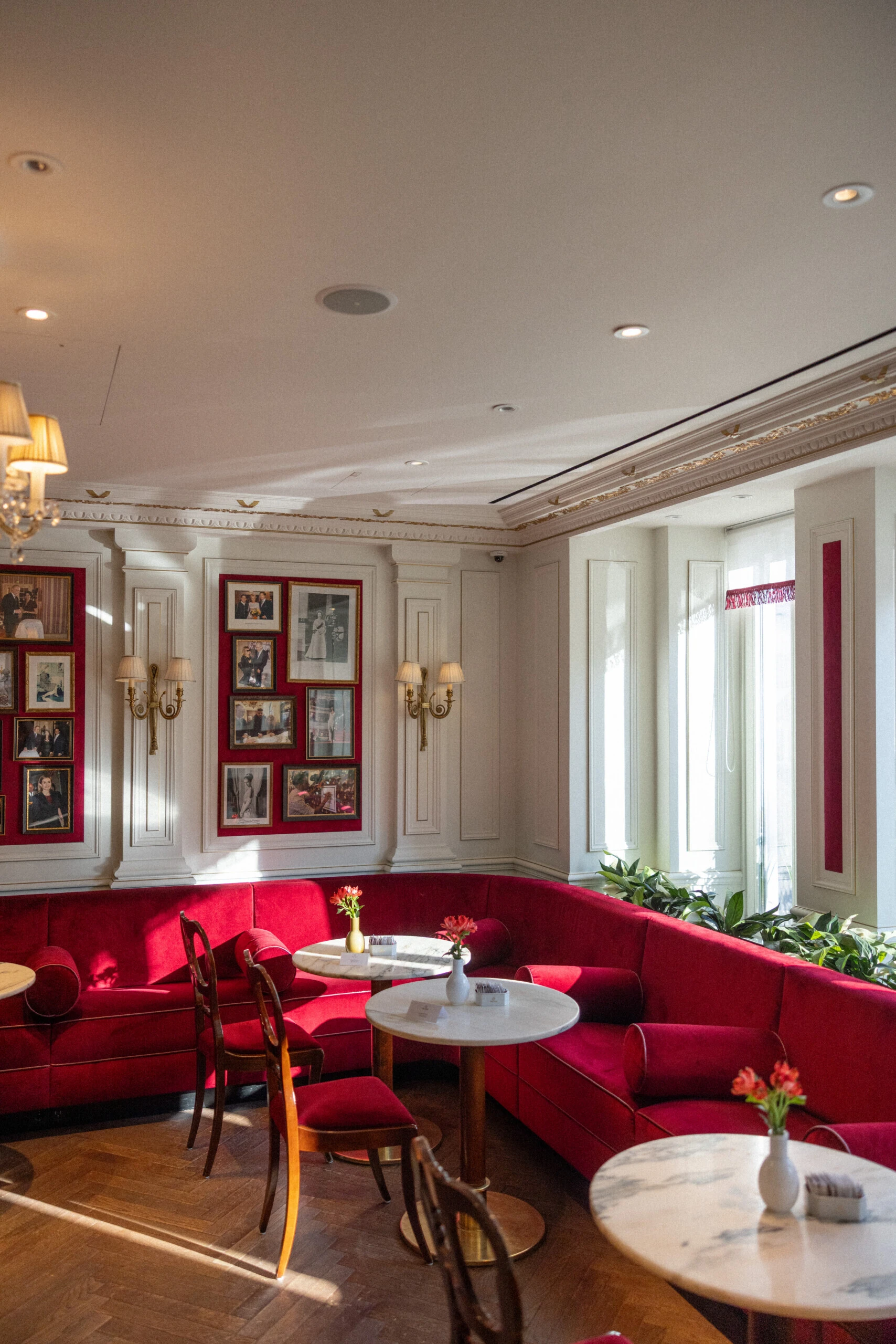Elegant interior of Café Sacher Salzburg with red seating and marble tables.