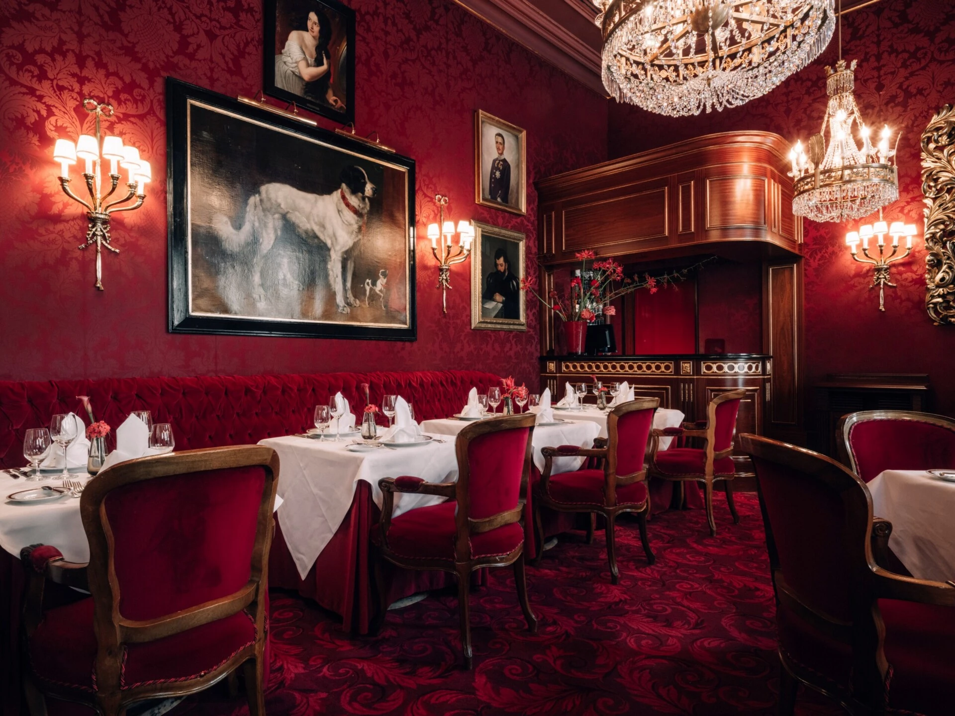 Festively set Restaurant Rote Bar at Hotel Sacher Vienna.