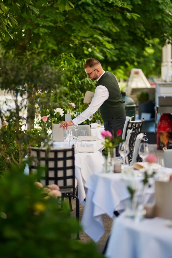 Preparing the terrace for Steak It Sacher at Sacher Grill, Hotel Sacher Salzburg