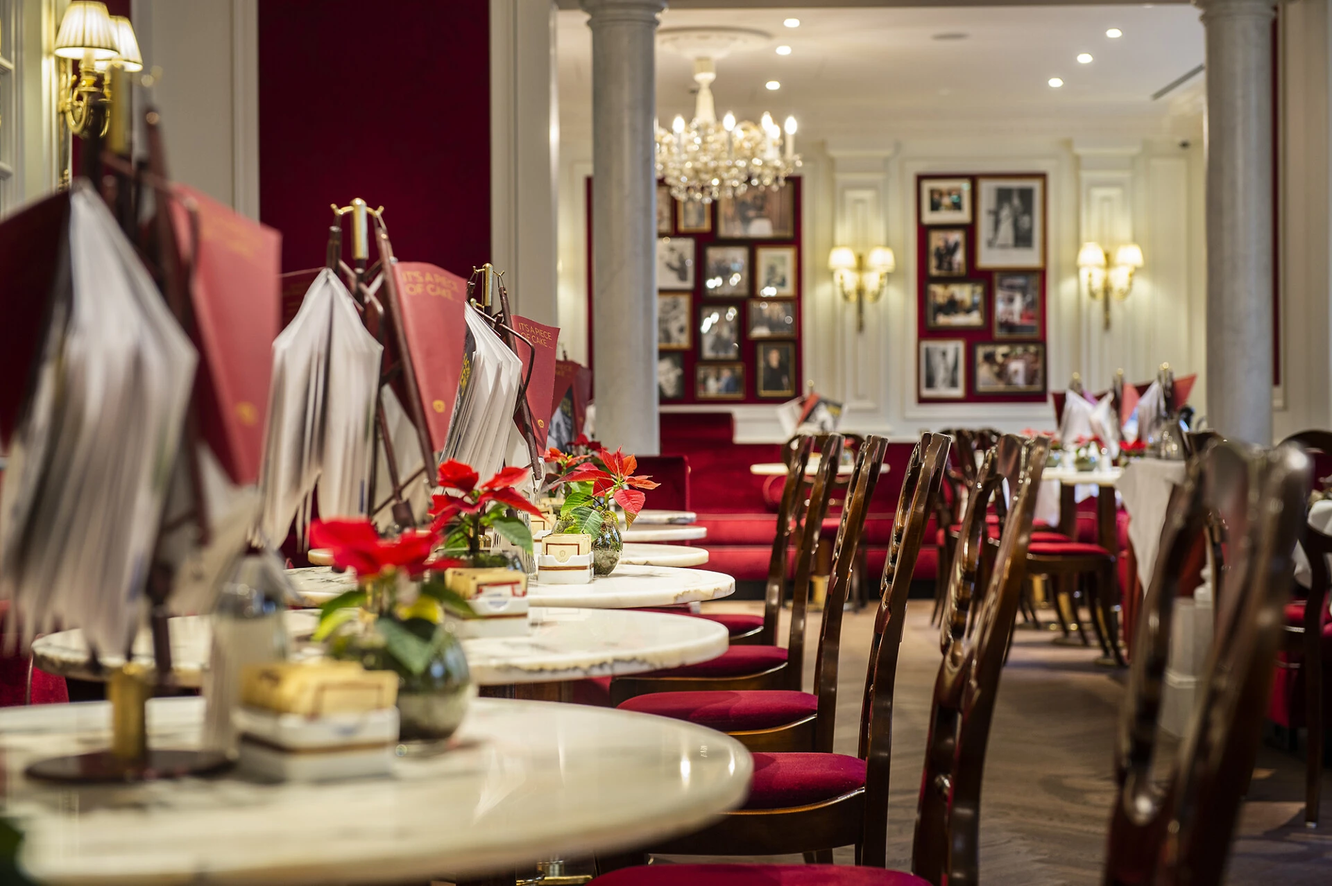 An elegant Café Sacher interior features red velvet seating, marble tables, and a wall of framed celebrity photos.