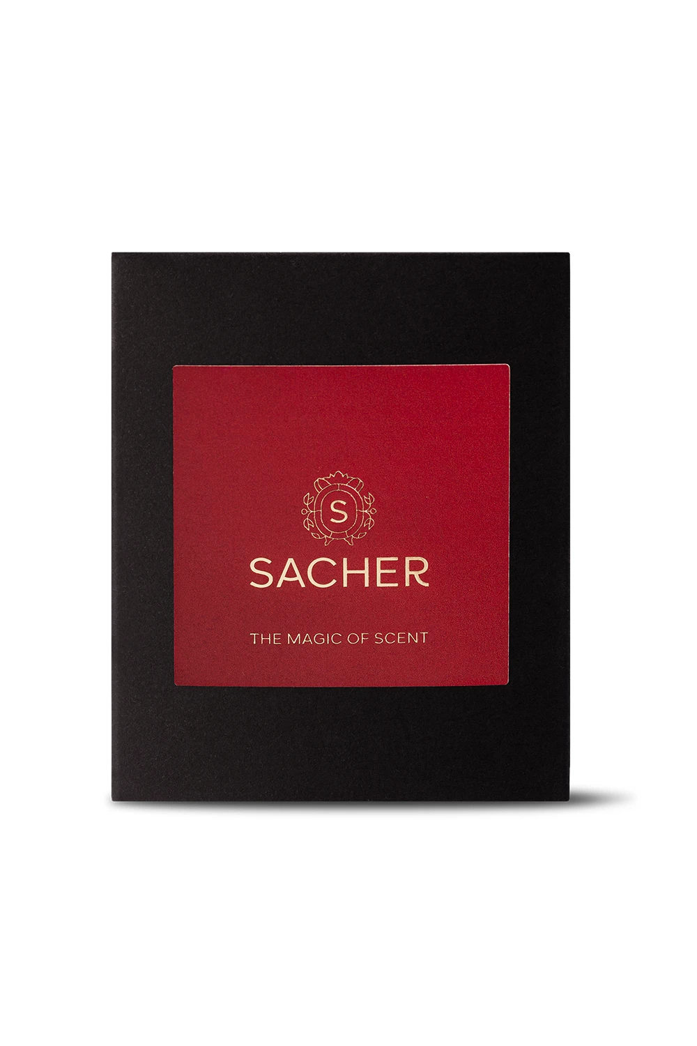 A sleek black Sacher candle box is shown against a clean white background, featuring a bold red label with elegant gold lettering that reads “Sacher – The Magic of Scent,” capturing the essence of refined luxury in minimalist form.